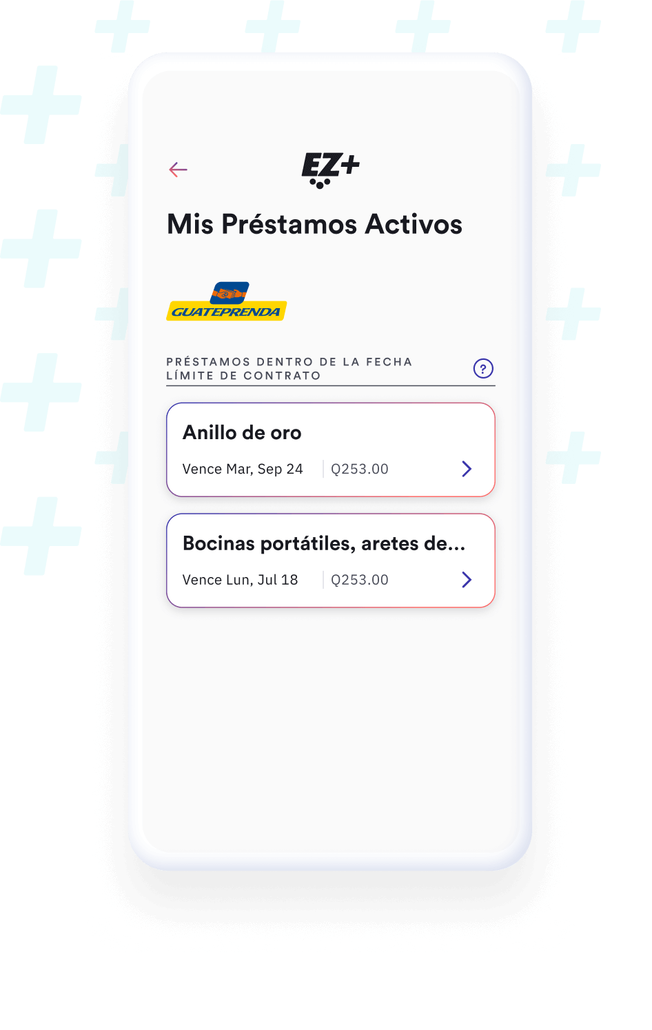 Pantalla de empeños activos con detalles de artículos y fechas de vencimiento de contratos.